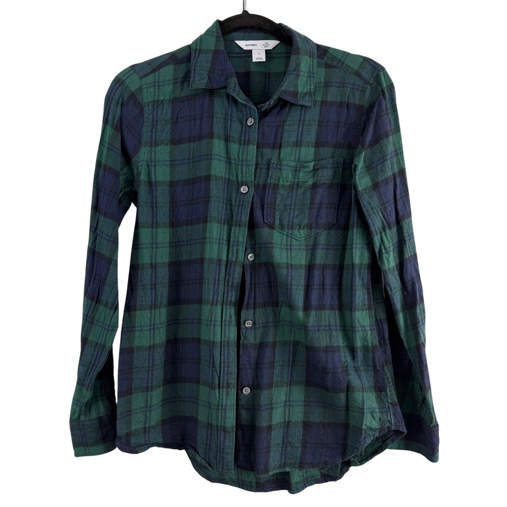 Old Navy Classic Shirt Womens Small Green Navy Black Plaid Flannel Button Up